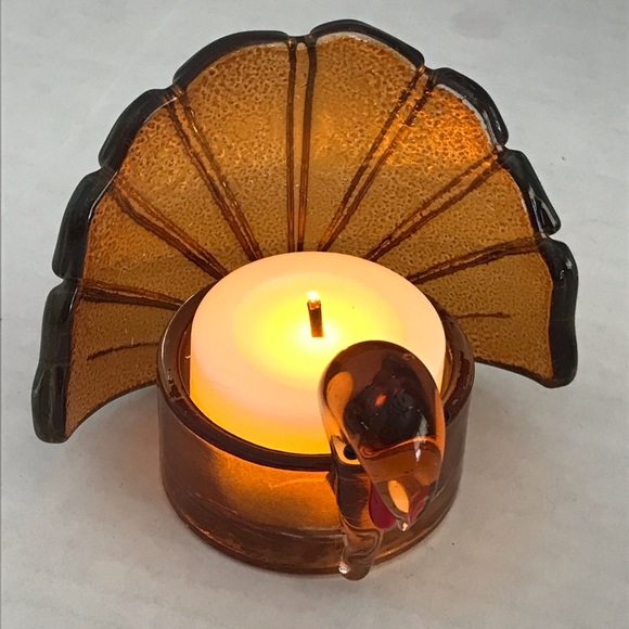 Accents Vintage Glass Amber Colored Turkey Candle Holder Thanksgiving